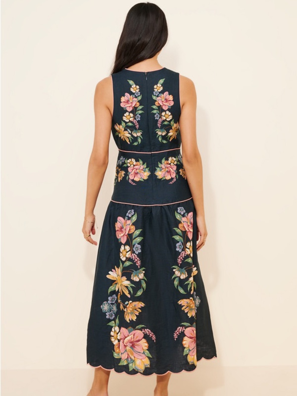 FARM Rio Maira Floral Dark Blue Linen Midi Dress Size Medium NWT - Picture 6 of 16